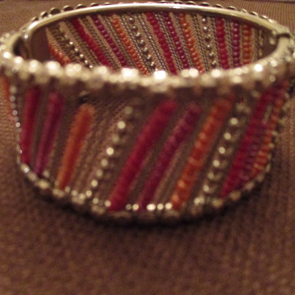 Women's Silver Toned Multicolor Beaded Cuff Bracelet.